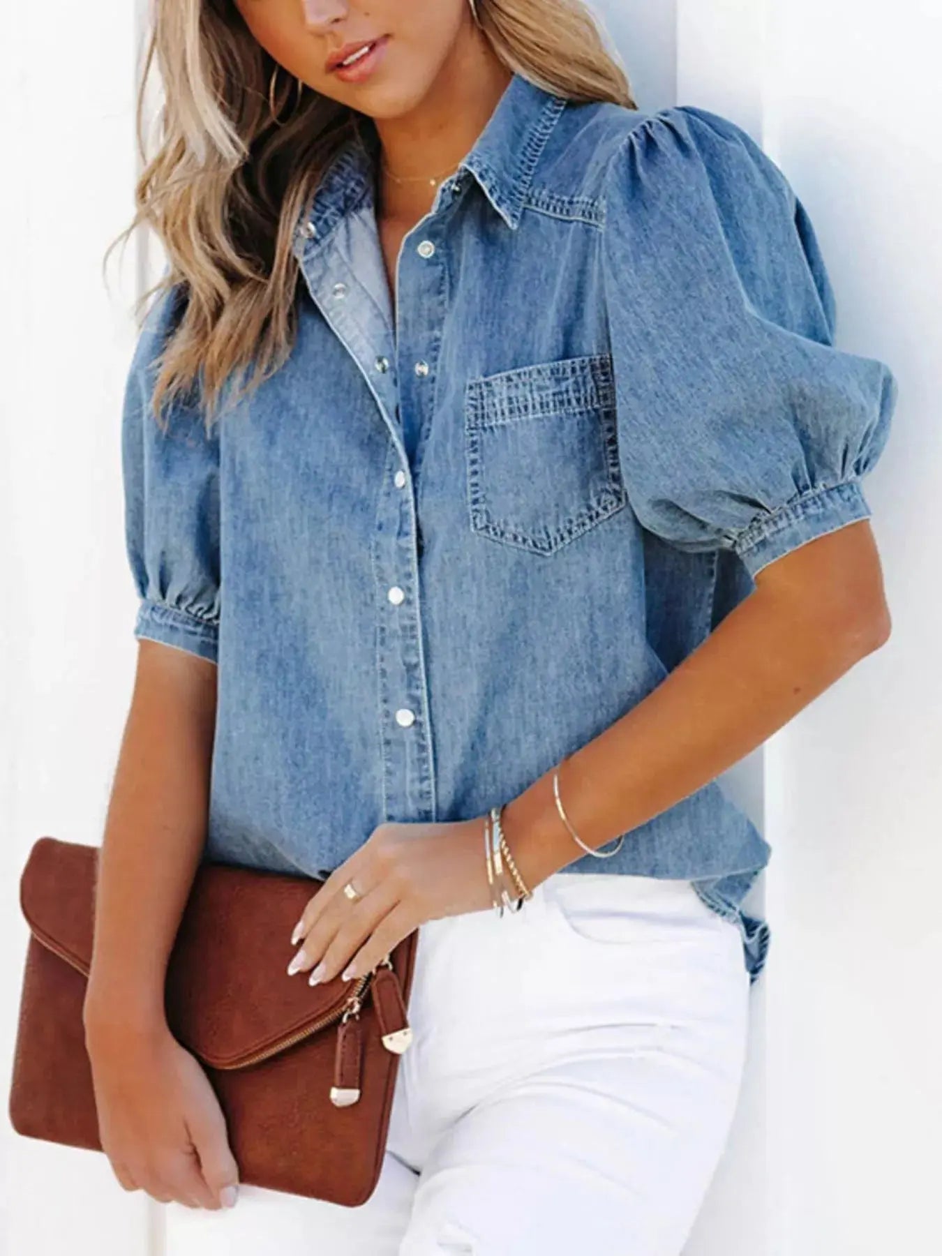 Puff Sleeve Button-Down Denim Top  Style Ratio