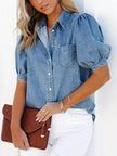 Puff Sleeve Button-Down Denim Top  Style Ratio
