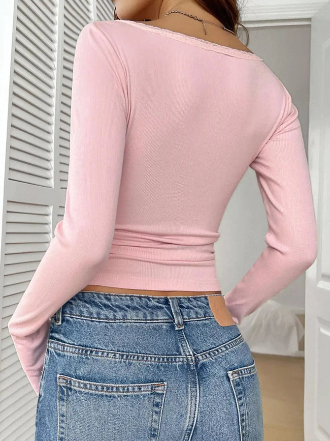 Ribbed Knit Lace Trim Long Sleeve Shirt  Style Ratio