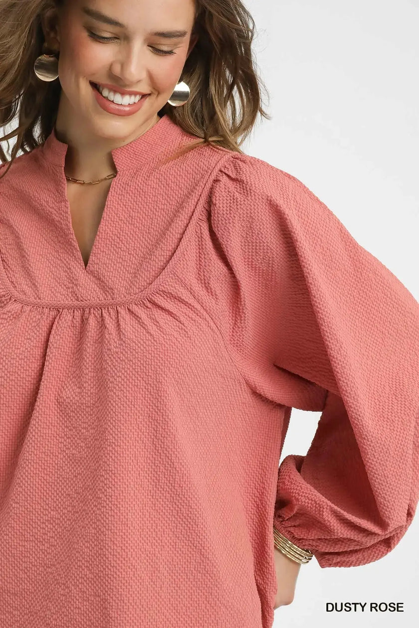Umgee Textured Notched Blouse with Balloon Sleeves  Style Ratio