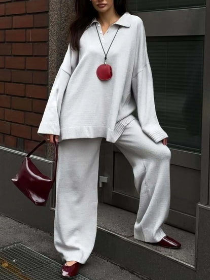 Polo Collar Top and Wide Leg Pants Knit Set  Style Ratio