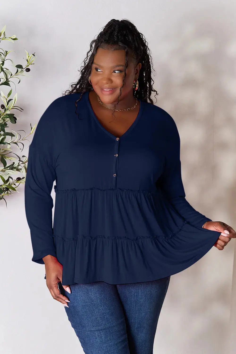 Double Take Half Button Long Sleeve Ruffle Hem Blouse  Style Ratio