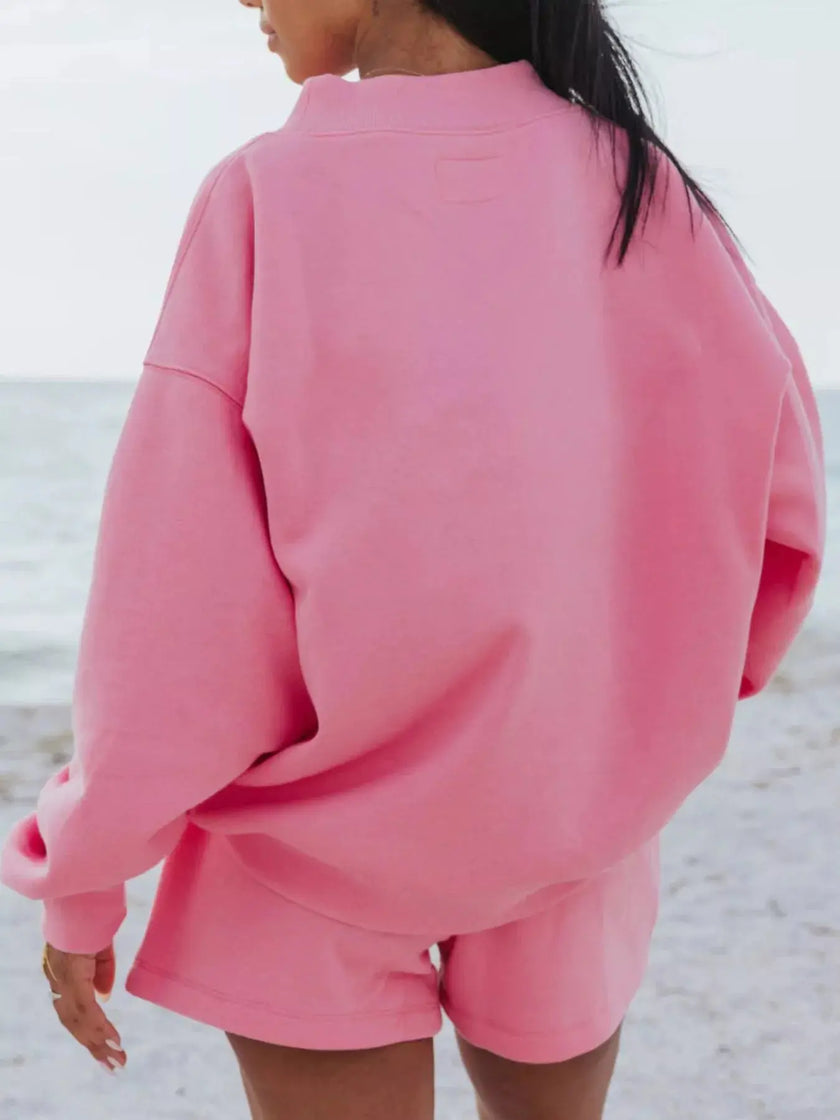 Relaxed Fit Round Neck Sweatshirt and Shorts Set  Style Ratio
