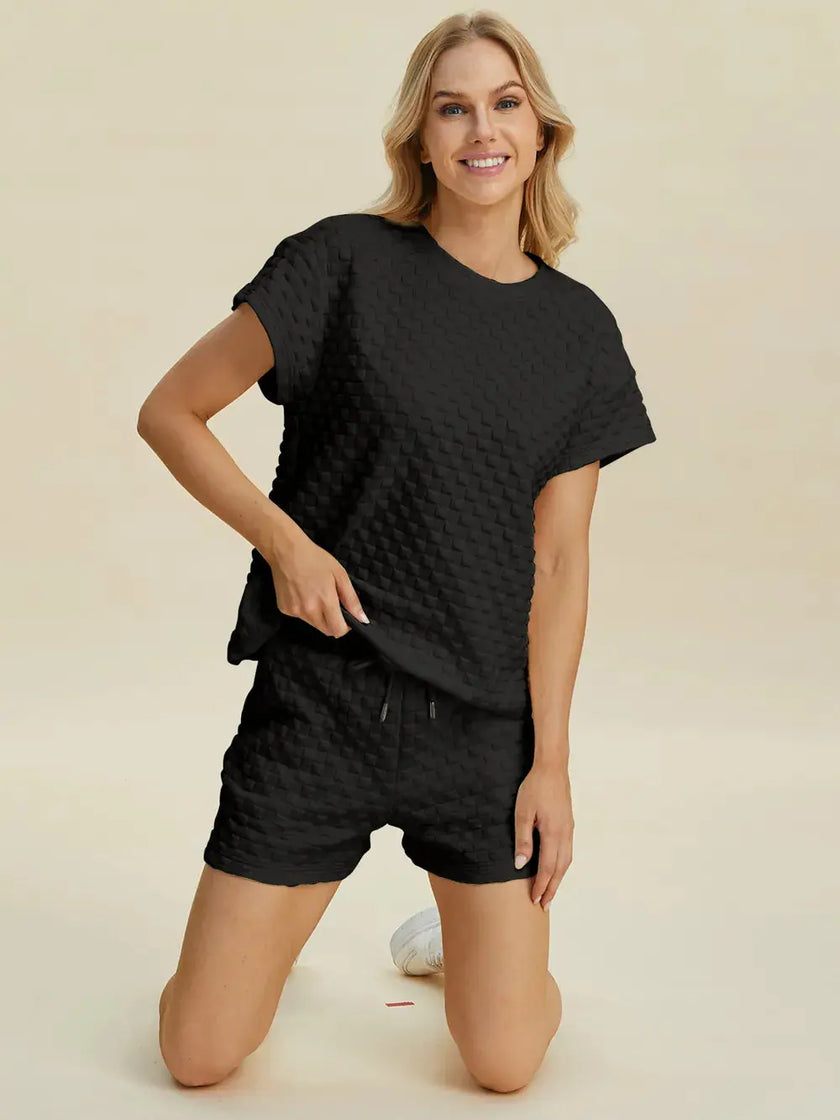 Double Take Full Size Texture T-Shirt and Shorts Set  Style Ratio