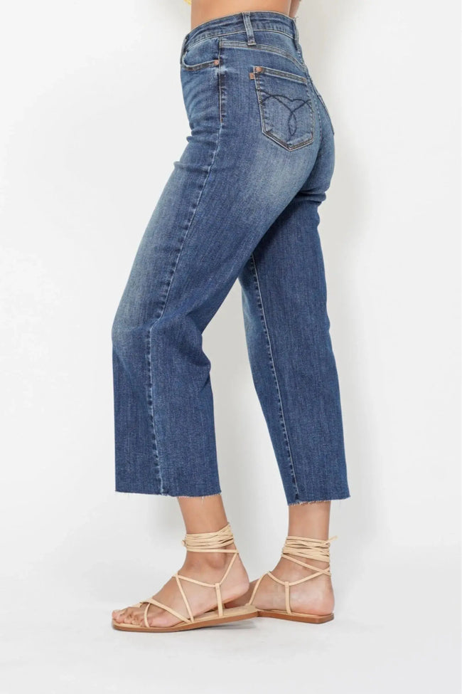Judy Blue High Waist Back Pocket Embroidery Crop Wide Jeans  Style Ratio