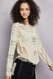 POL Round Neck Long Sleeve Exposed Seam Top with Lace Detail  Style Ratio