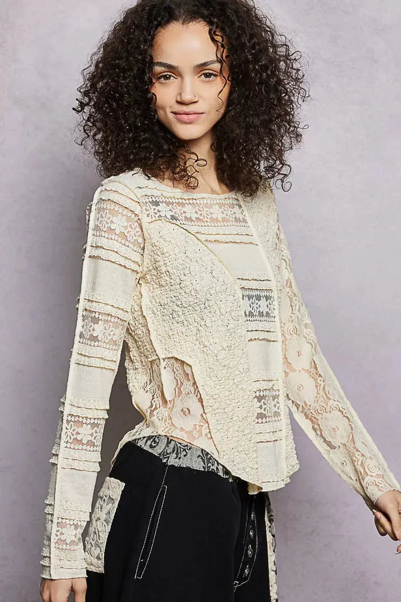 POL Round Neck Long Sleeve Exposed Seam Top with Lace Detail  Style Ratio