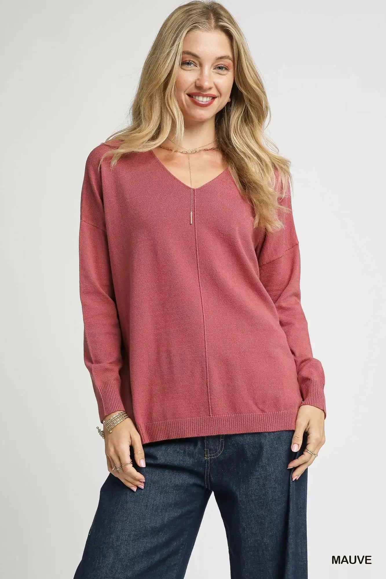 Umgee V Neck High Low Hem Sweatshirt with Side Slit  Style Ratio