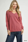 Umgee V Neck High Low Hem Sweatshirt with Side Slit  Style Ratio