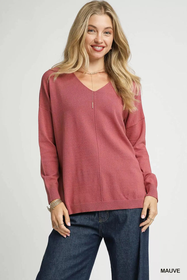Umgee V Neck High Low Hem Sweatshirt with Side Slit  Style Ratio