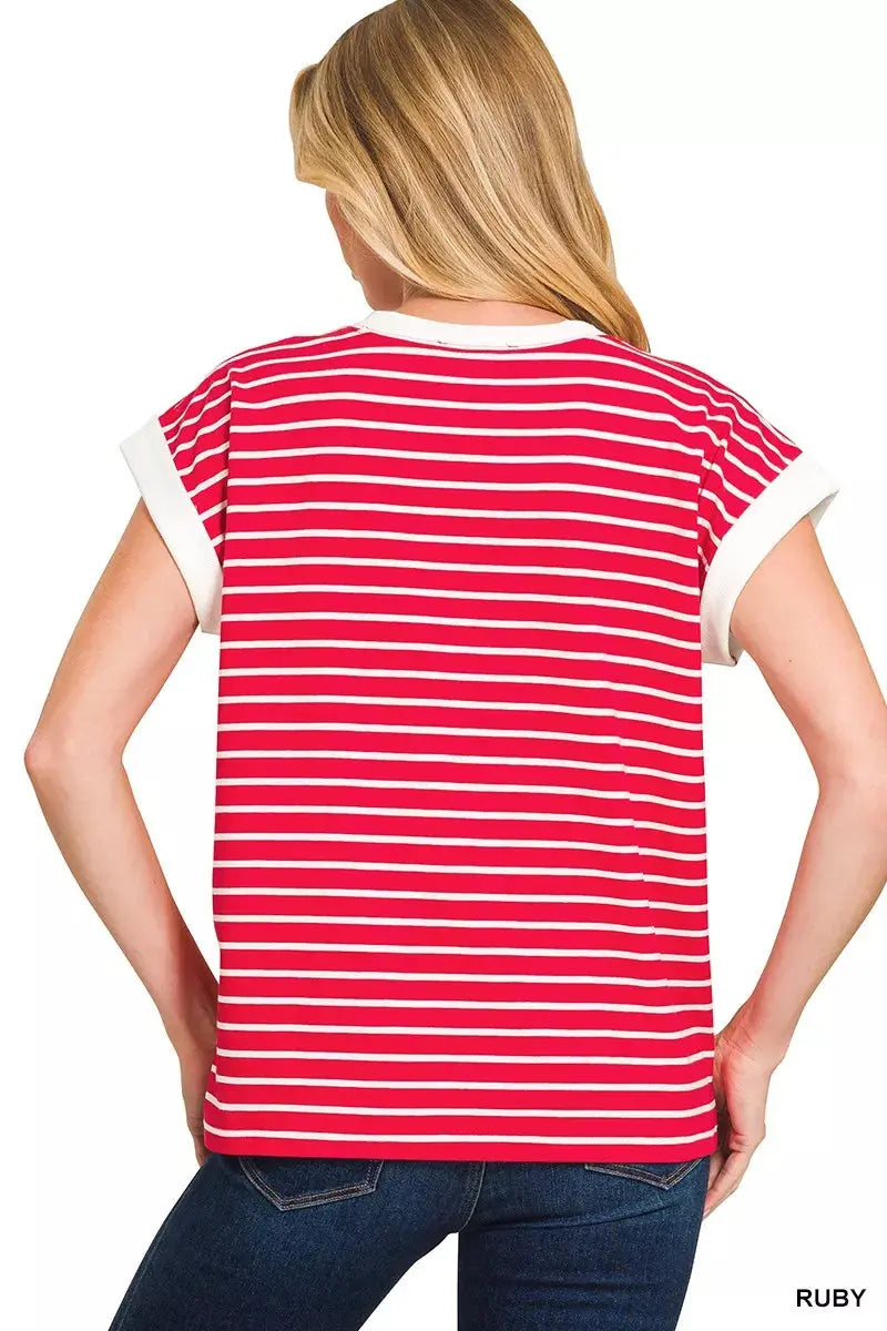 Zenana Full Size Contrast Trim Cap Sleeve Stripe Sweater  Style Ratio