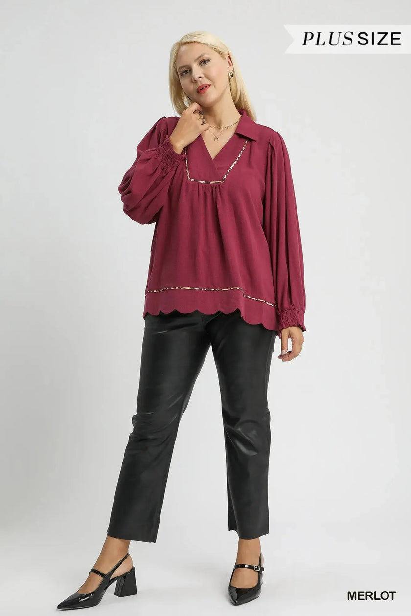 Umgee Full Size Linen Scallop Hem Blouse with Contrast Trim  Style Ratio