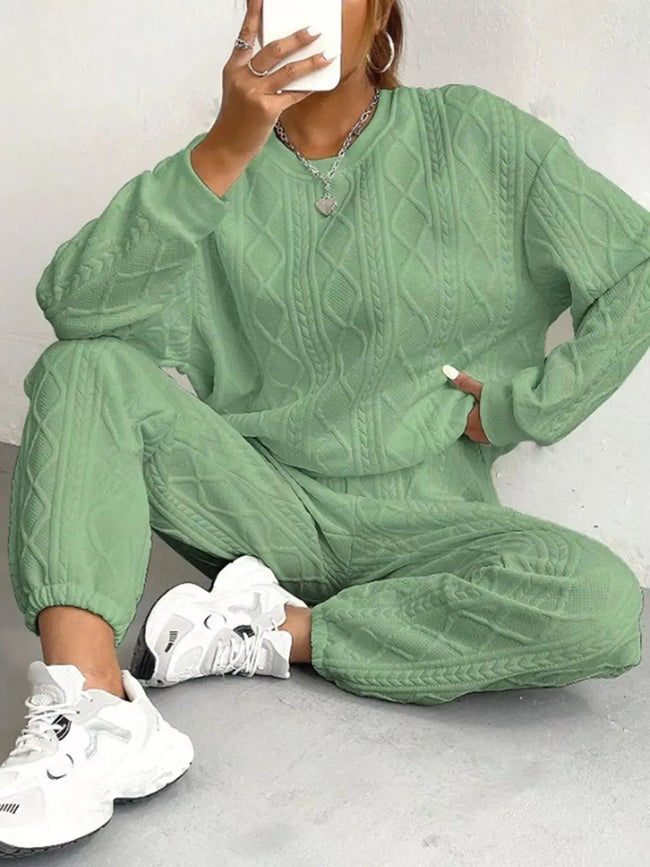 Texture Round Neck Top and Pants Loungewear  Style Ratio