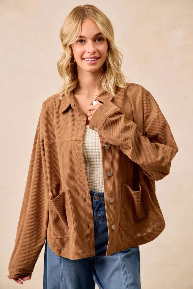 BiBi Corduroy Relaxed Fit Long Sleeve Shacket  Style Ratio