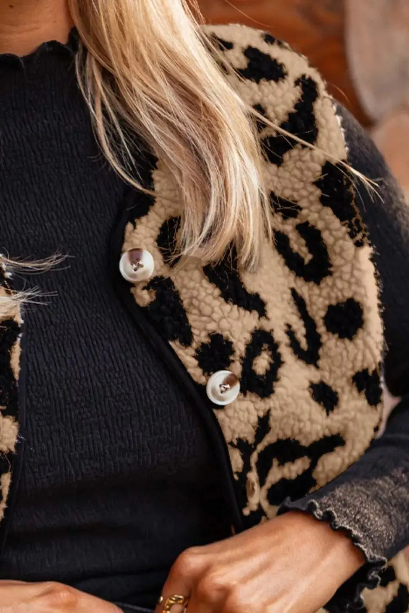 Leopard Print Sherpa Fleece Vest Coat  Style Ratio