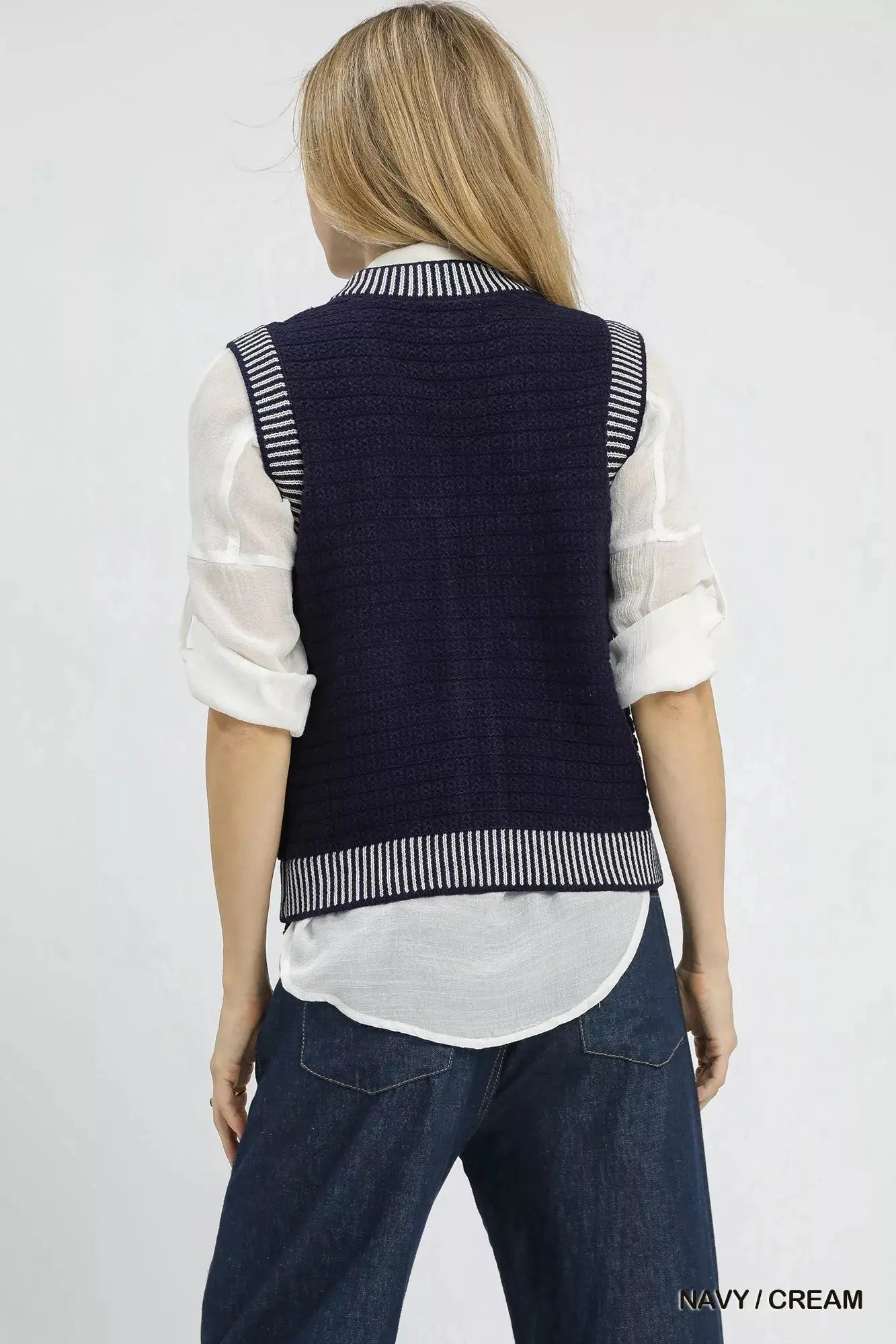 Umgee Contrast Striped Trim Button Down Sweater Vest  Style Ratio