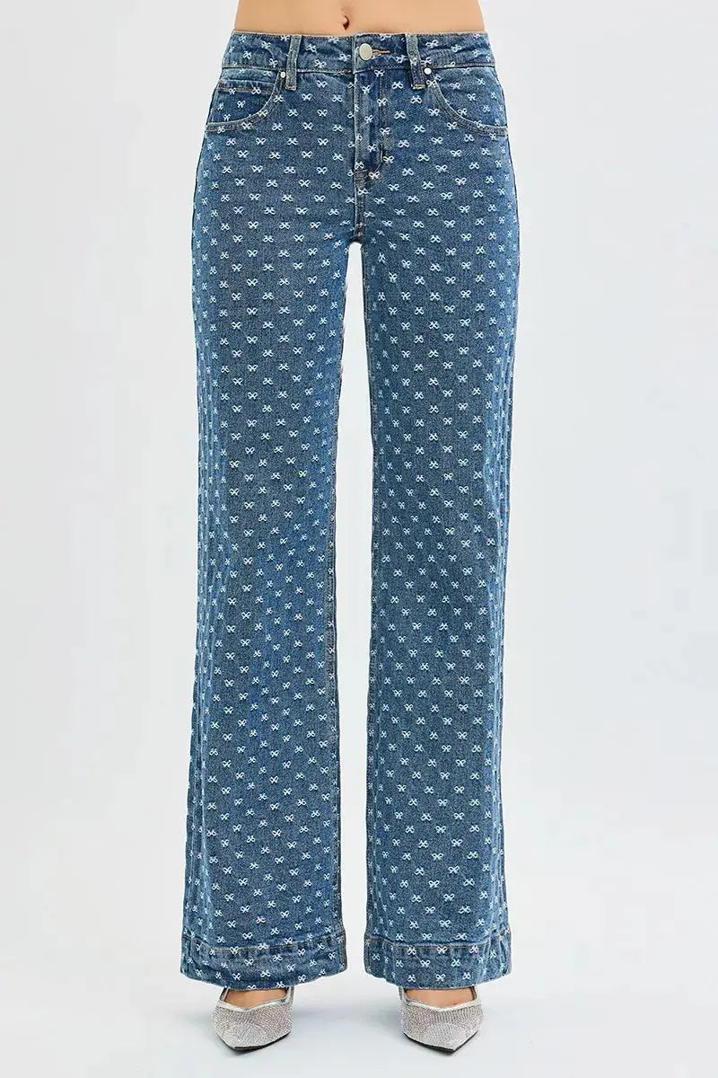 RISEN High Rise Wide Leg Bow Embroidered Jeans  Style Ratio