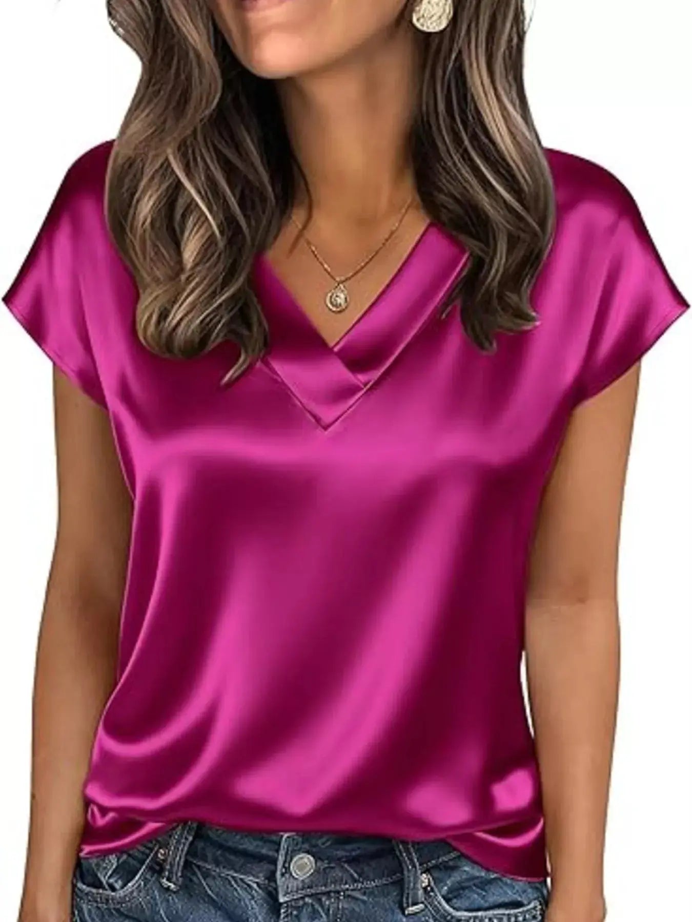 Satin V-Neck Short Sleeve Blouse  Style Ratio