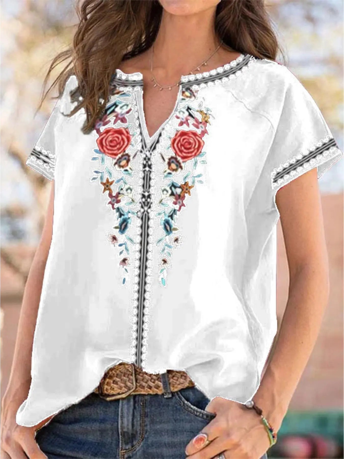Full Size Floral Notched Short Sleeve Blouse  Style Ratio