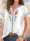 Full Size Floral Notched Short Sleeve Blouse  Style Ratio
