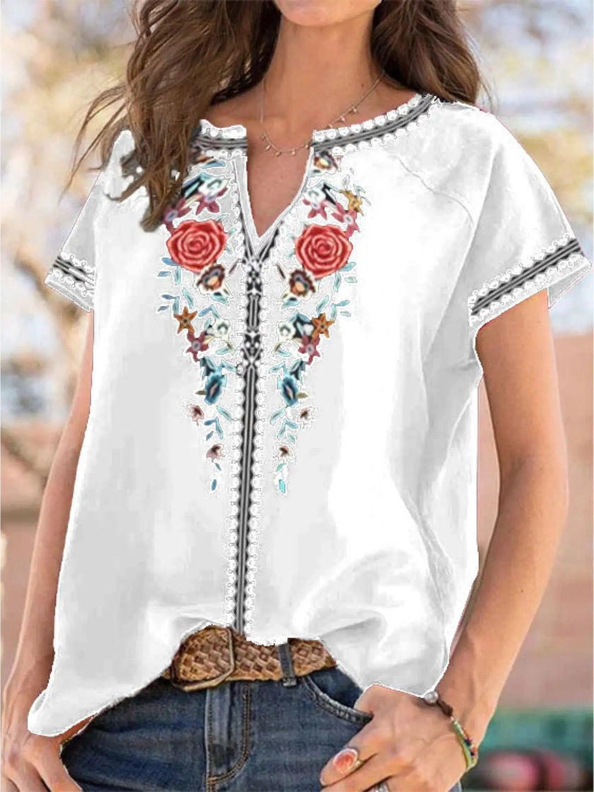 Full Size Floral Notched Short Sleeve Blouse  Style Ratio