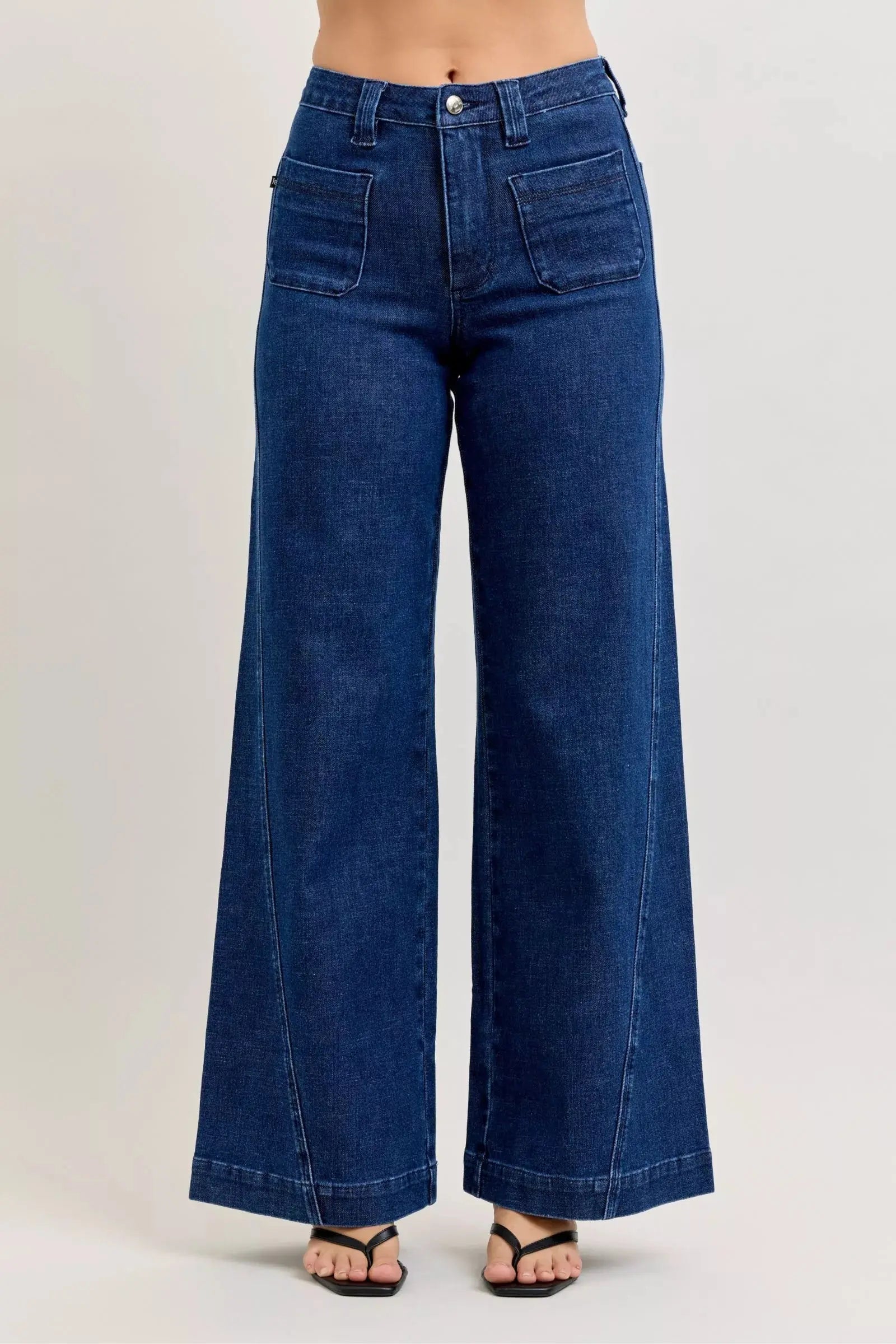 Judy Blue High-Waisted Retro Wide Jeans with Patch Pkts & Twisted Seams  Style Ratio
