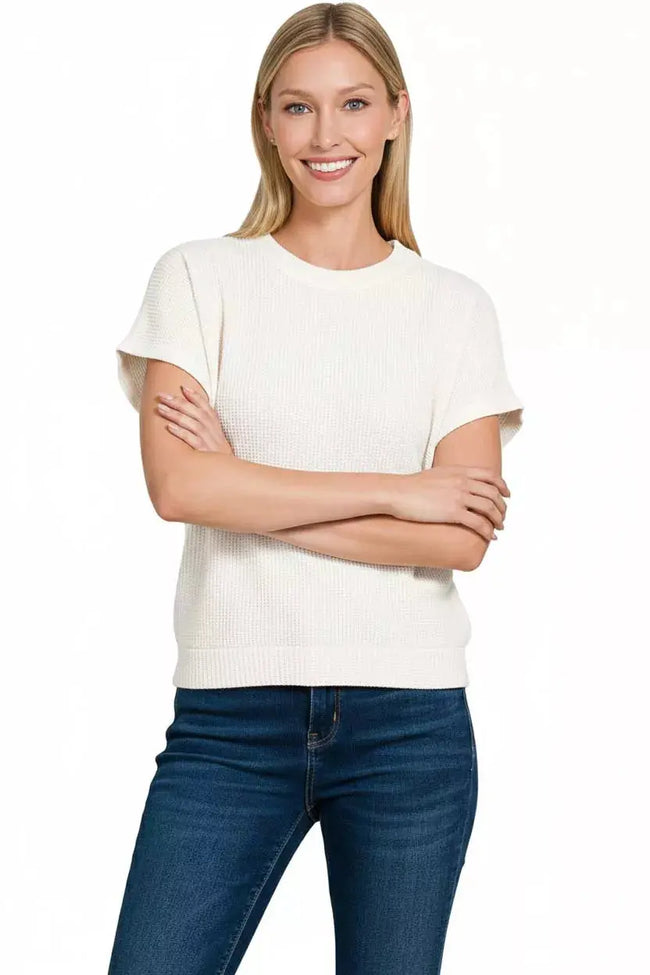 Zenana Round Neck Banded Botton Short Sleeve Sweater  Style Ratio