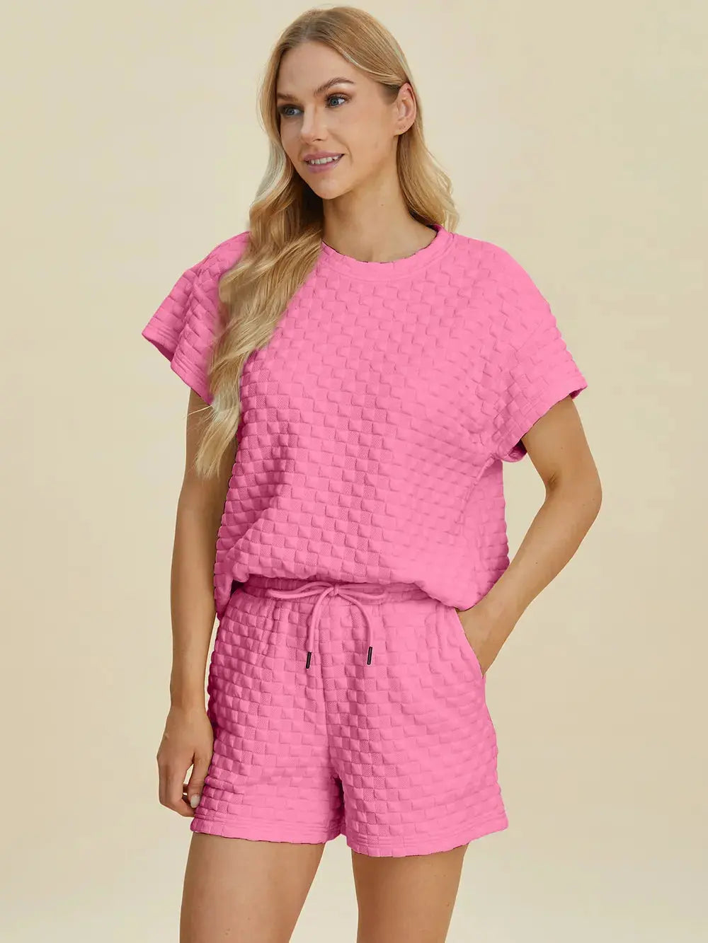 Double Take Full Size Texture T-Shirt and Shorts Set  Style Ratio