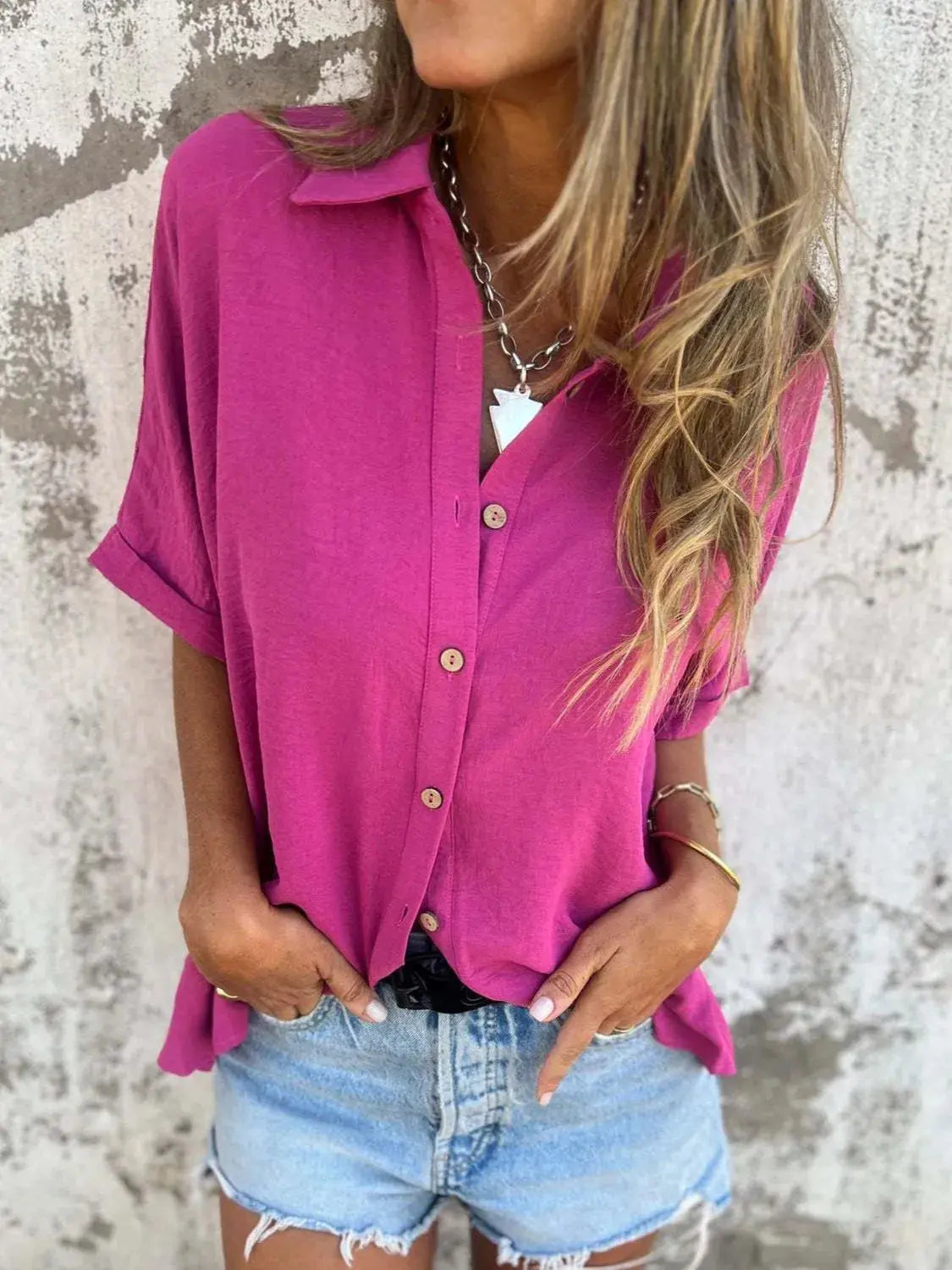 Full Size Collared Neck Half Sleeve Shirt  Style Ratio