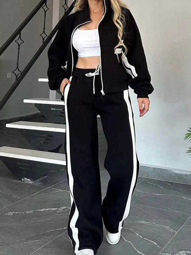 Full Size Contrast Stripe Zip Up Jacket and Pants Set  Style Ratio