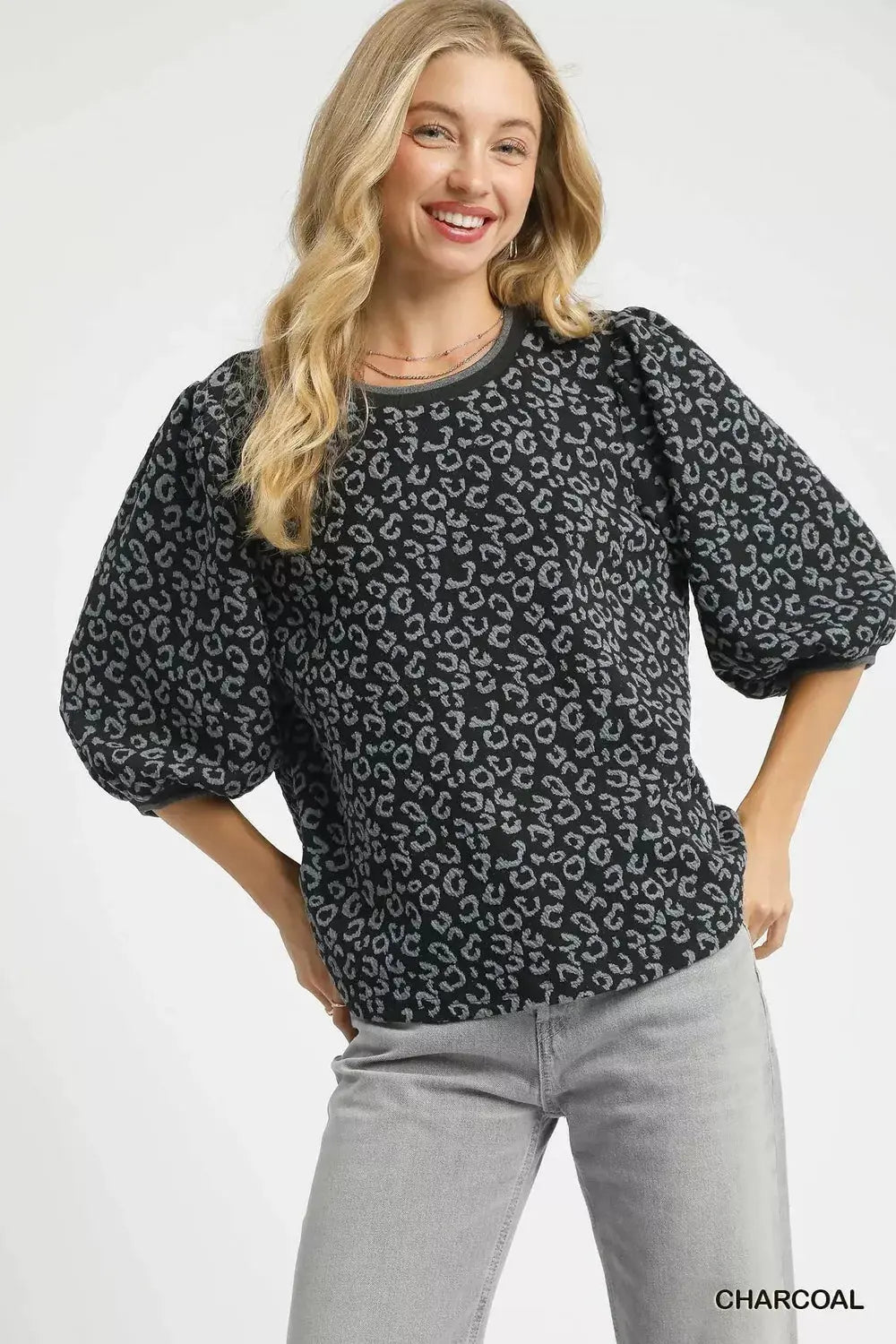 Umgee Leopard Print Jacquard Blouse with Puff Sleeves  Style Ratio