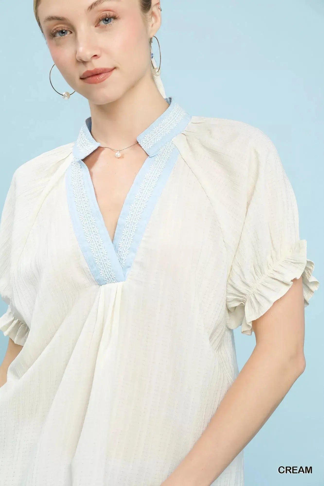 Umgee Textured V-Neck Top with Lace Trim Details  Style Ratio
