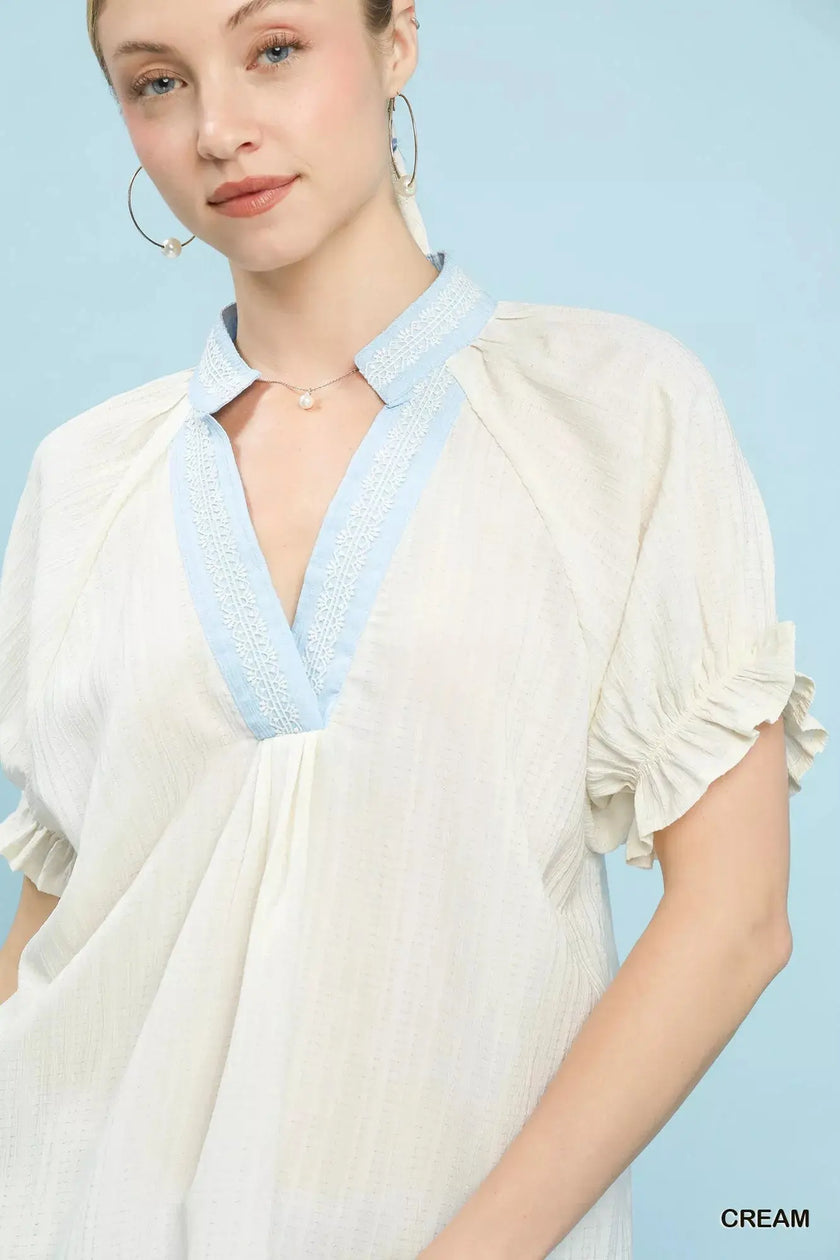 Umgee Textured V-Neck Top with Lace Trim Details  Style Ratio
