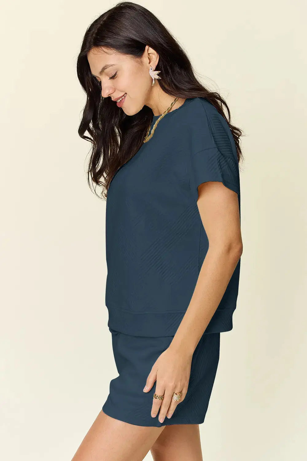 Double Take Full Size Texture Short Sleeve T-Shirt and Drawstring Shorts Set  Style Ratio