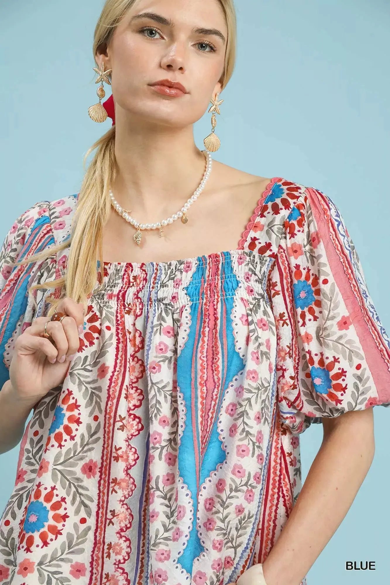 Umgee Patchwork Puff Sleeve Smocked Blouse  Style Ratio