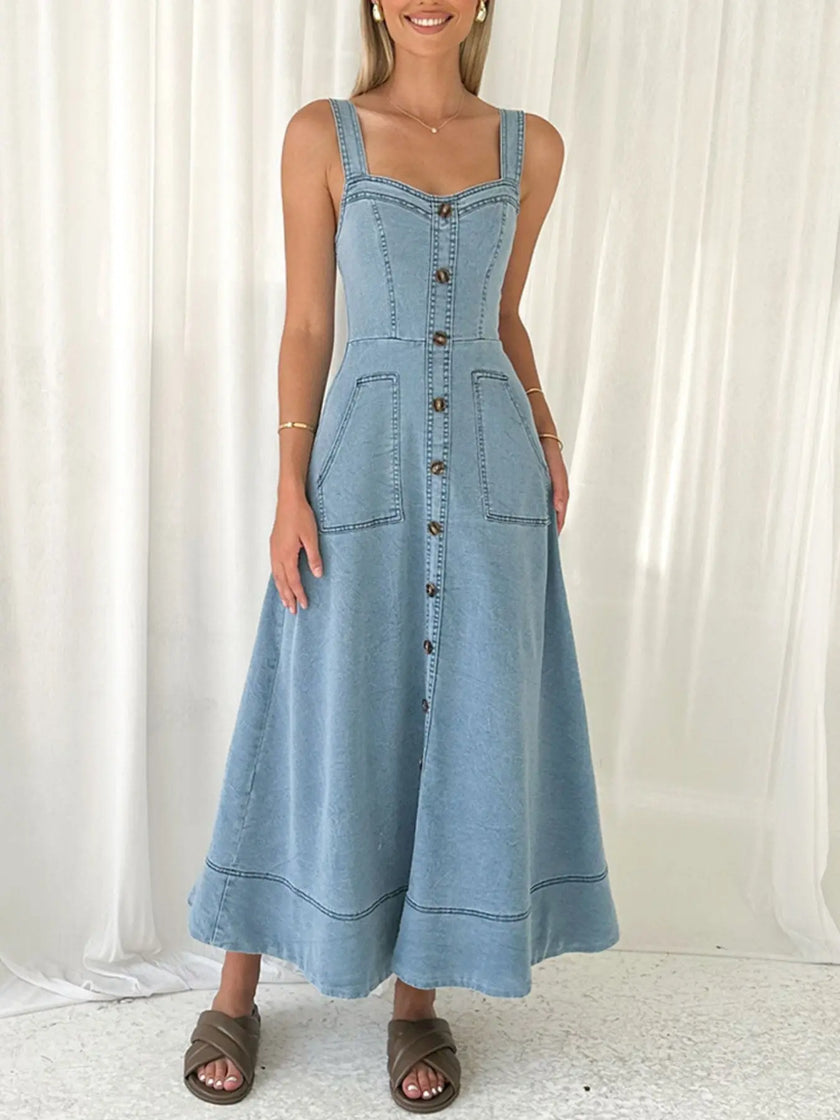 Decor Button Front A-Line Denim Dress  Style Ratio