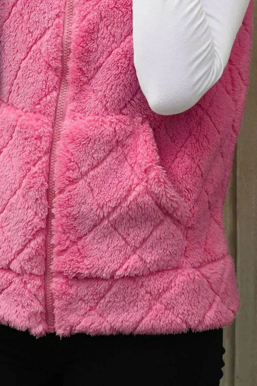 Fuzzy Plaid Texture Zip Up Vest Coat  Style Ratio