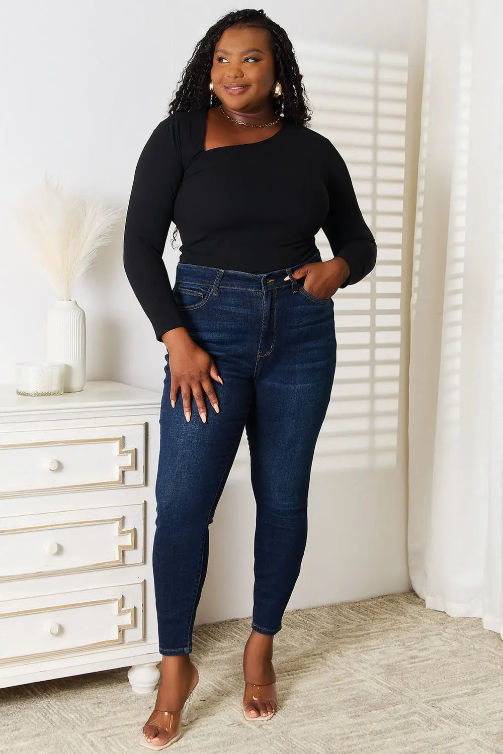 Basic Bae Asymmetrical Neck Long Sleeve Shirt  Style Ratio