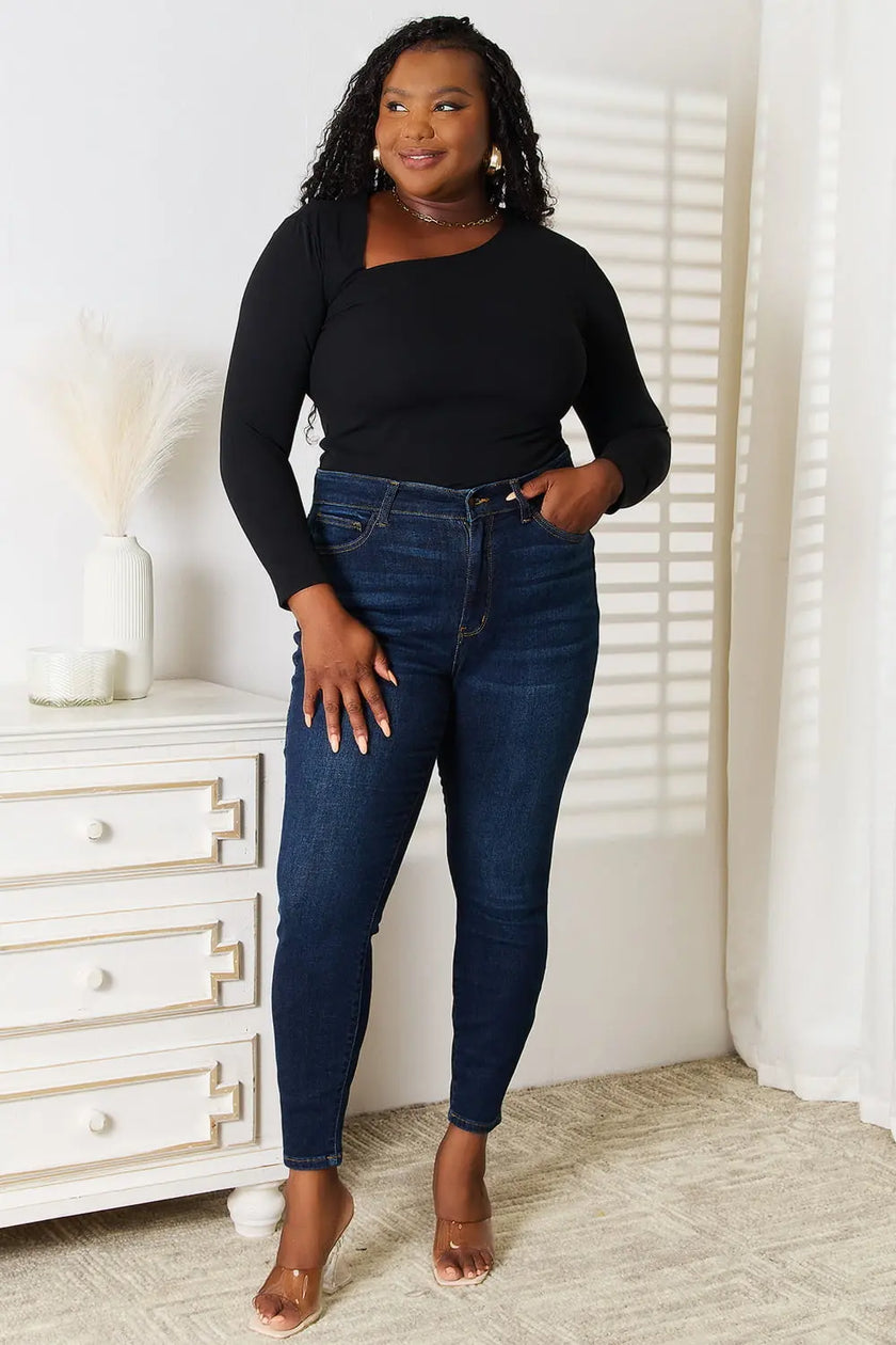 Basic Bae Asymmetrical Neck Long Sleeve Shirt  Style Ratio