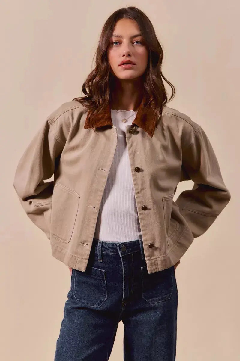 SO ME Cotton Twill Cropped Barn Jacket wtih Collar  Style Ratio