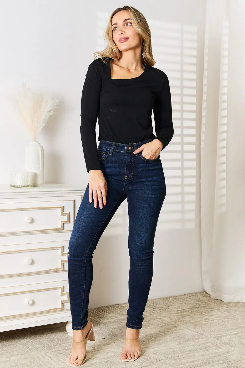 Basic Bae Asymmetrical Neck Long Sleeve Shirt  Style Ratio