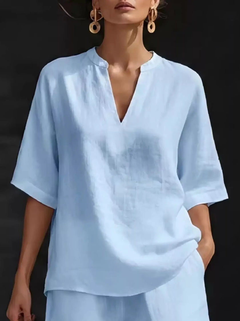 Full Size Notched Half Sleeve Top and Shorts Set  Style Ratio