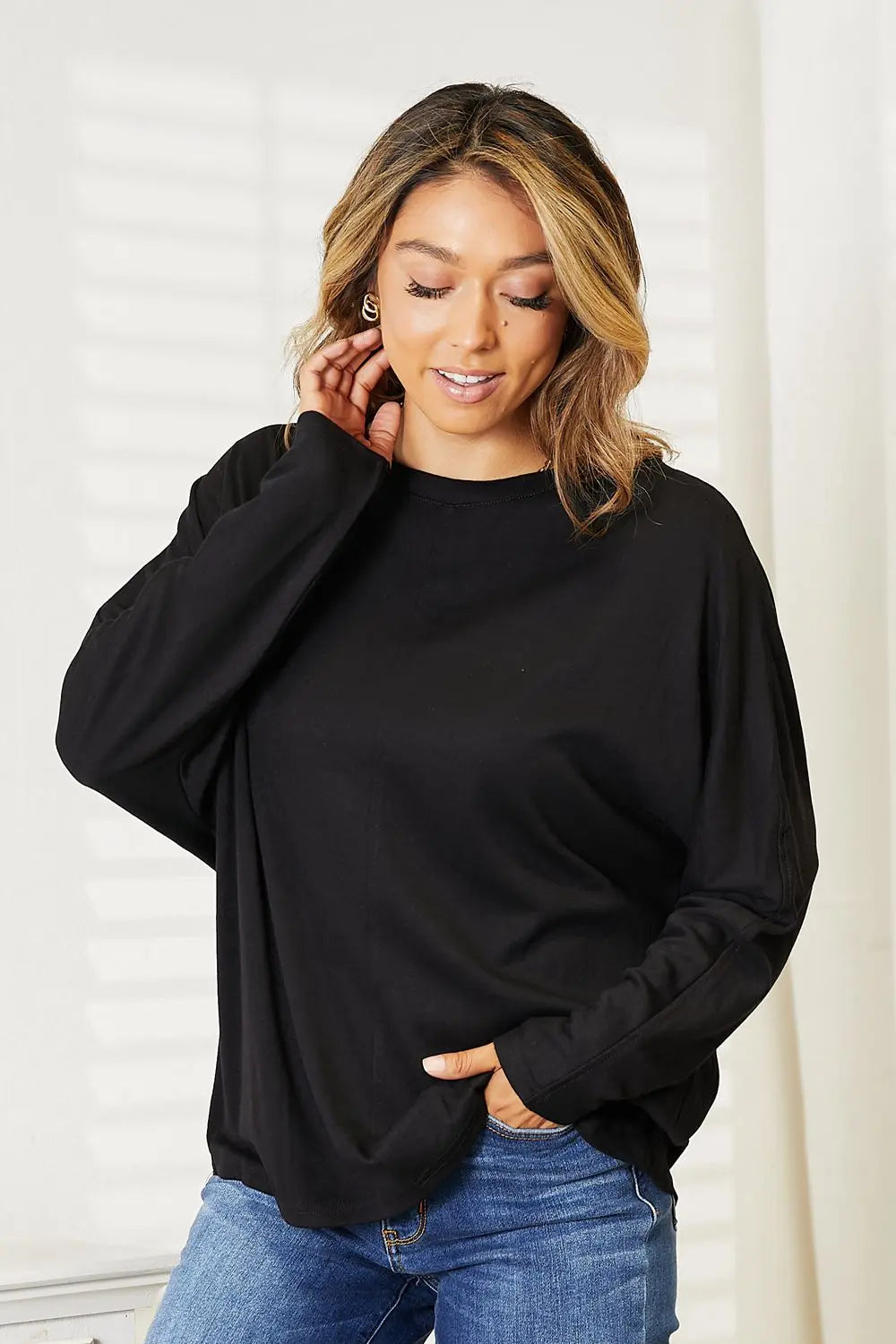 Double Take Seam Detail Round Neck Long Sleeve Top  Style Ratio