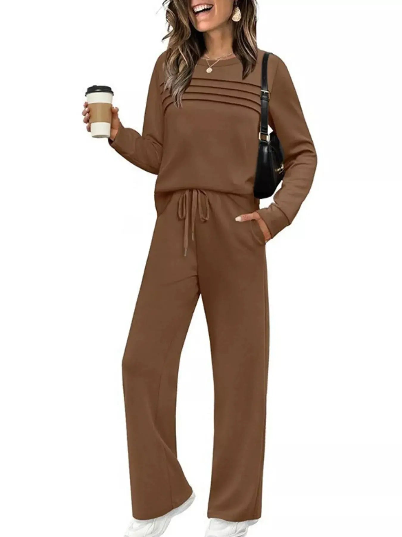 Full Size Long Sleeve Round Neck Top and Pants Set  Style Ratio