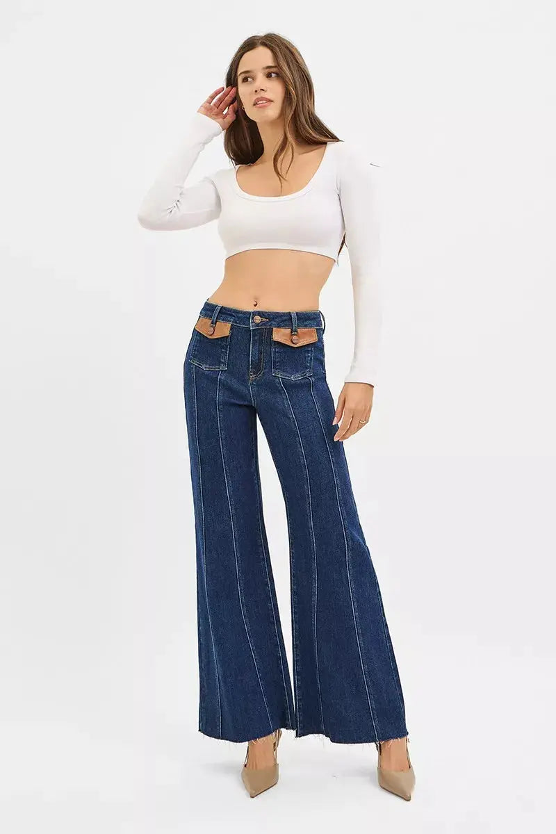 RISEN High Rise Wide Flare Jeans with Front Leather Pocket Detail  Style Ratio
