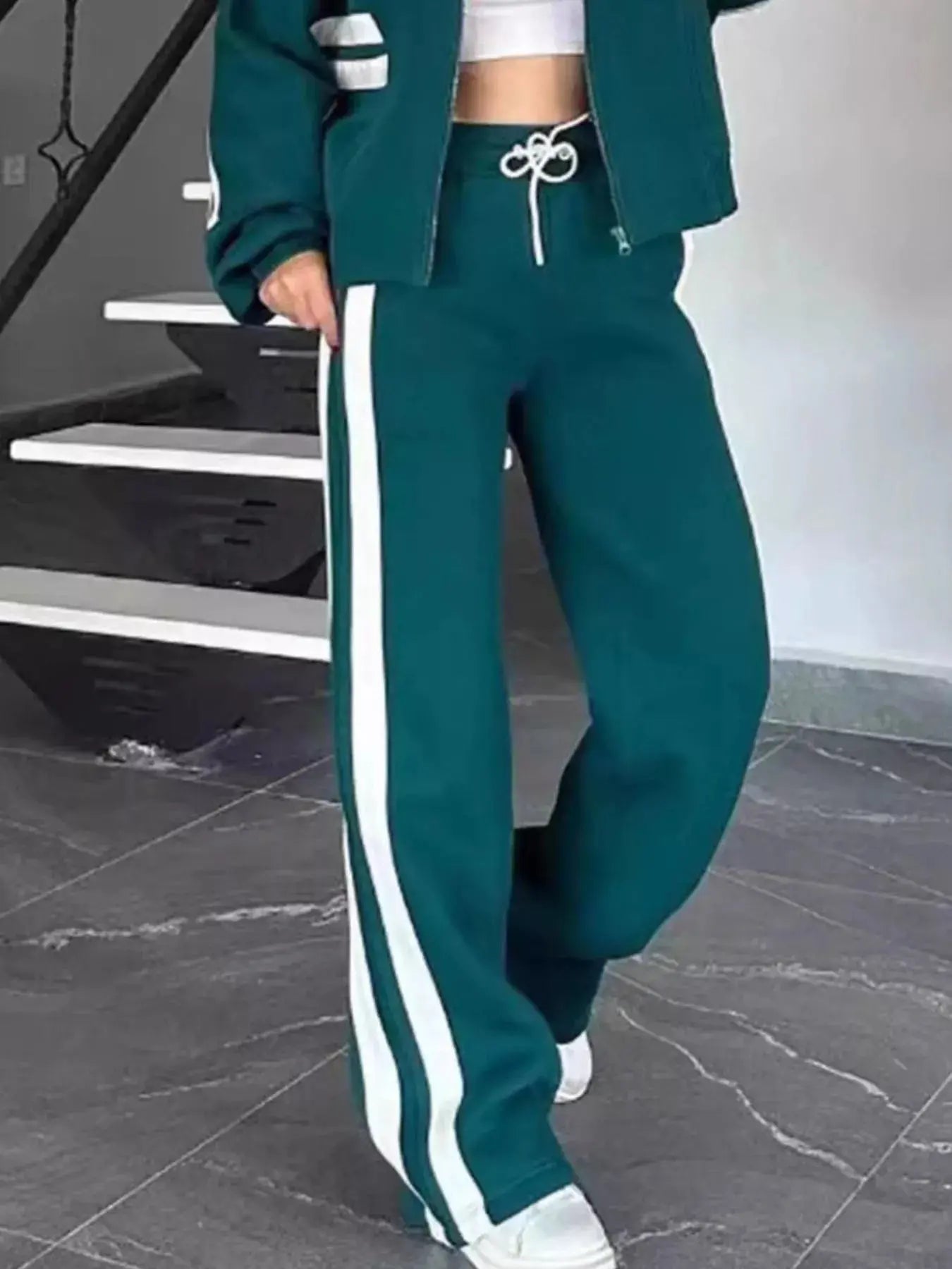 Full Size Contrast Stripe Zip Up Jacket and Pants Set  Style Ratio