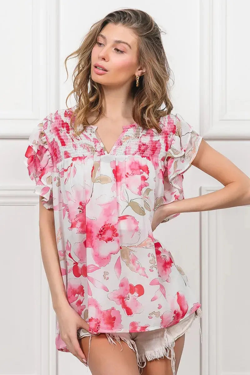 BiBi Floral Print Flutter Sheer Blouse  Style Ratio