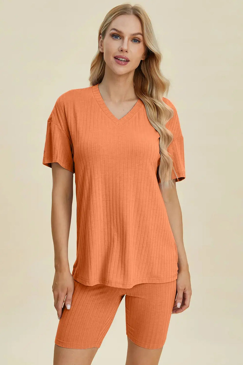 Basic Bae Full Size Ribbed V-Neck Short Sleeve Top and Shorts Loungewear  Style Ratio