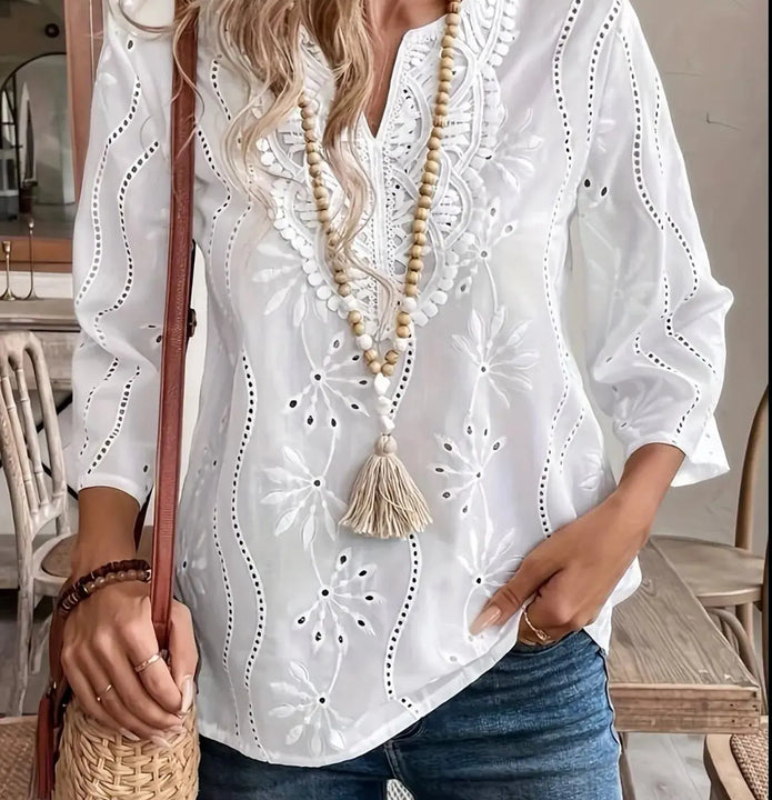Eyelet Embroidered Notched Blouse  Style Ratio