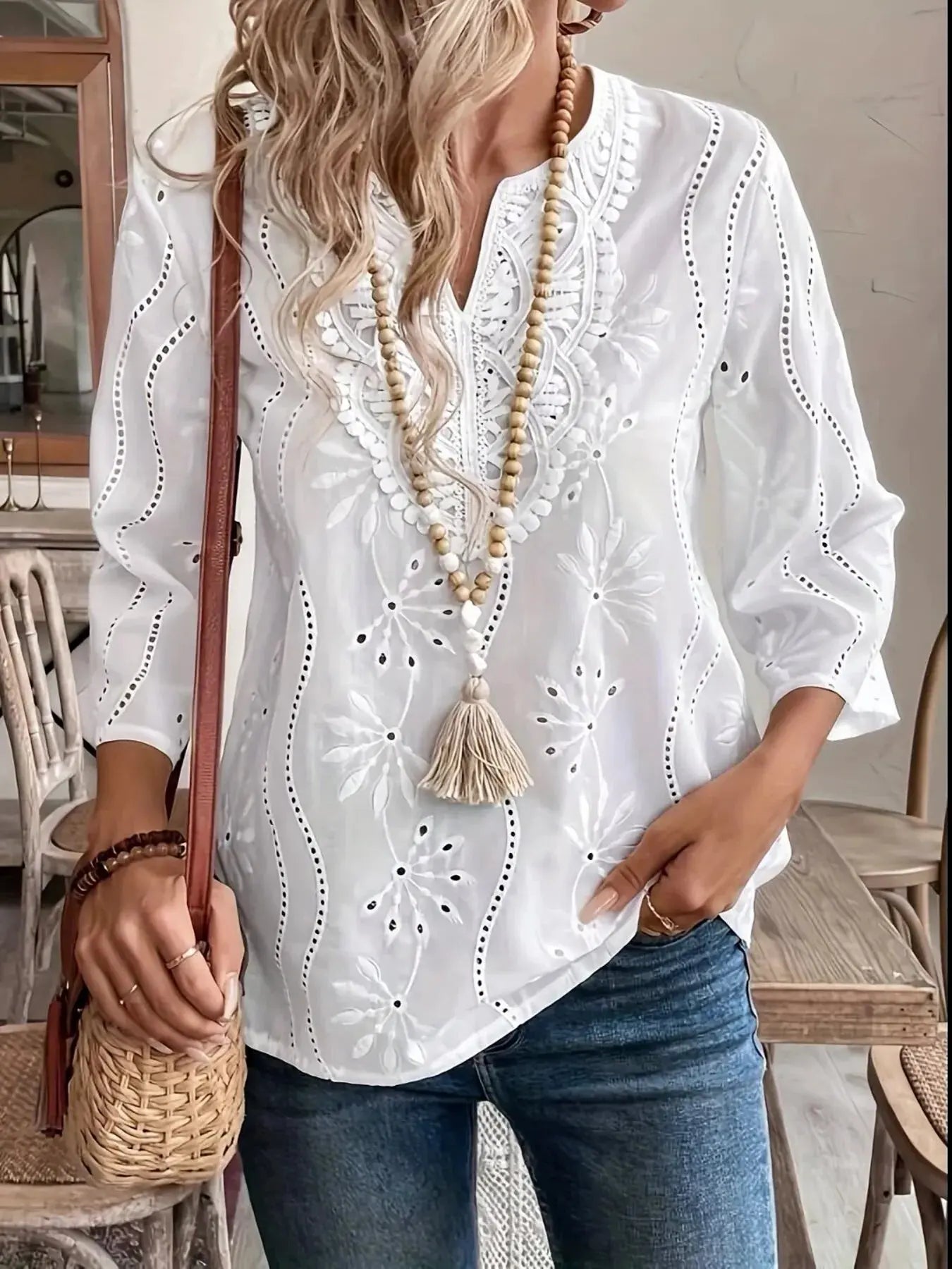 Eyelet Embroidered Notched Blouse  Style Ratio
